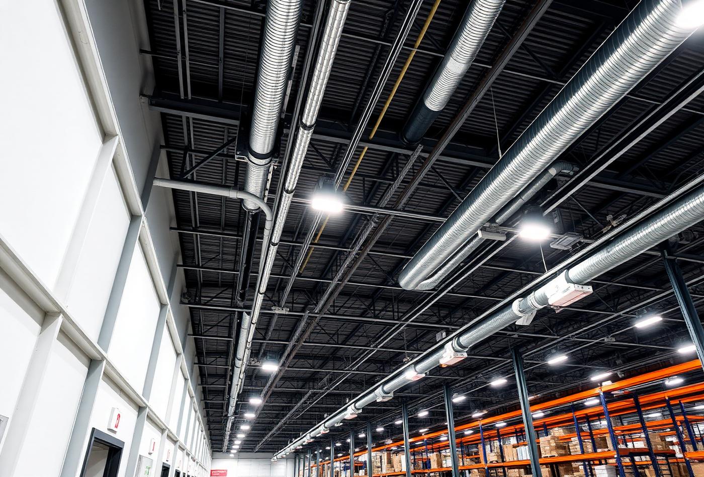 Commercial warehouse with LED high bay lighting and conduit